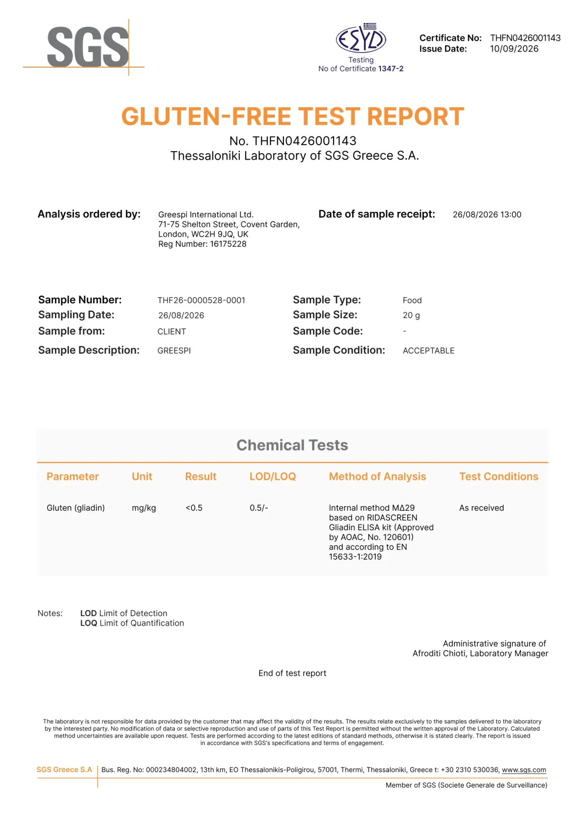 GLUTEN-FREE TEST REPORT