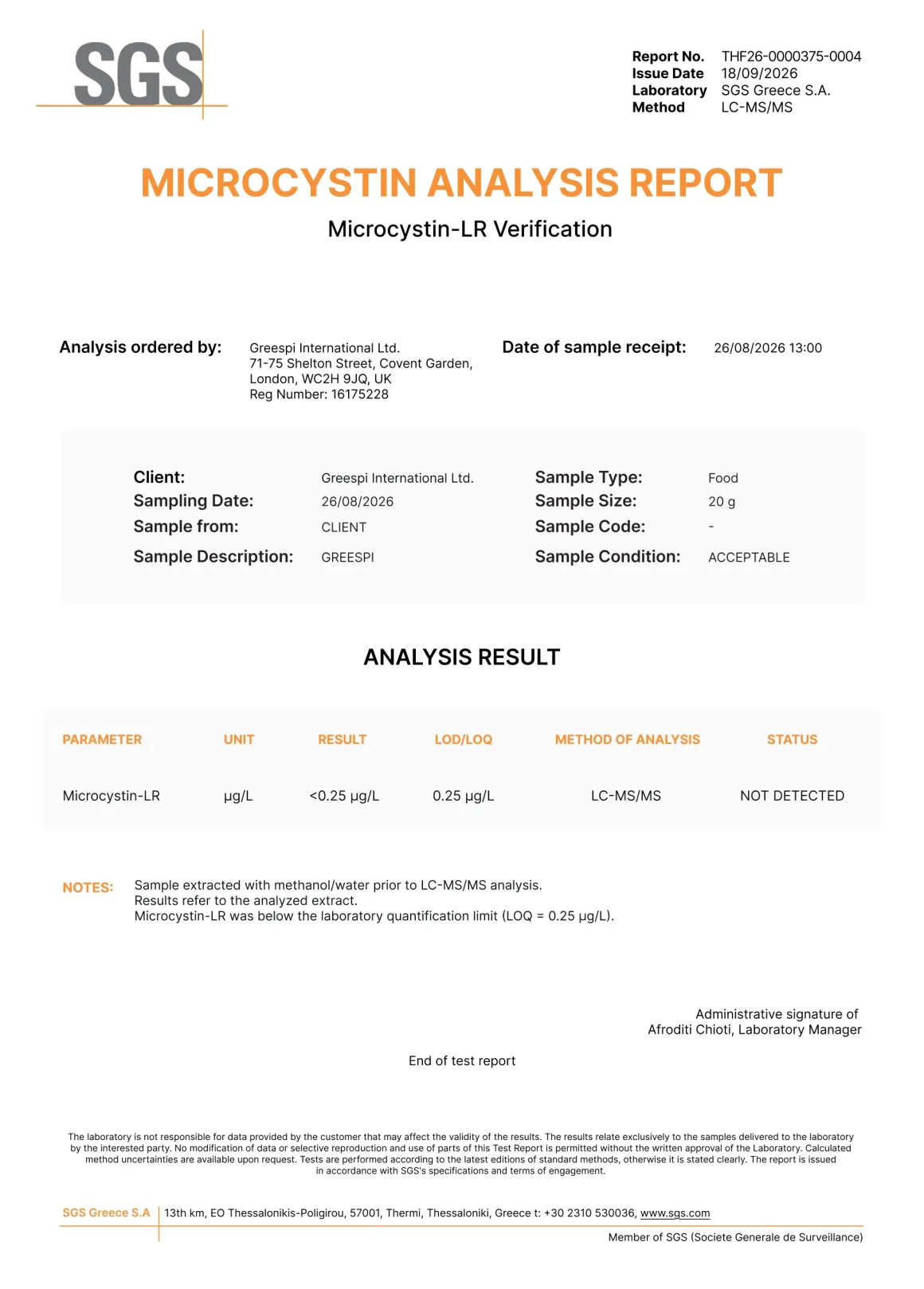 MICROCYSTIN ANALYSIS REPORT