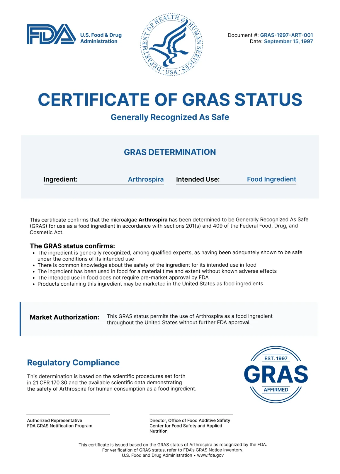 CERTICATE OF GRAS STATUS